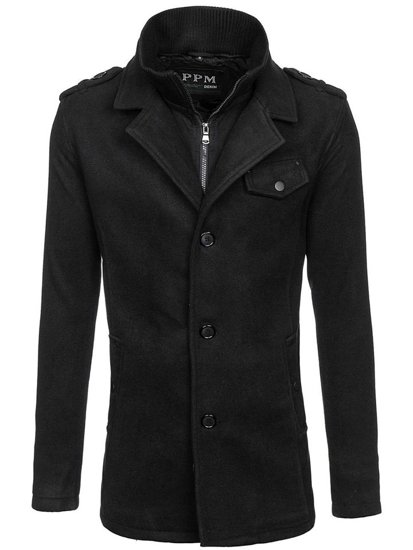 Manteau à boutonnage simple pour homme avec un col haut noir Bolf 8853F