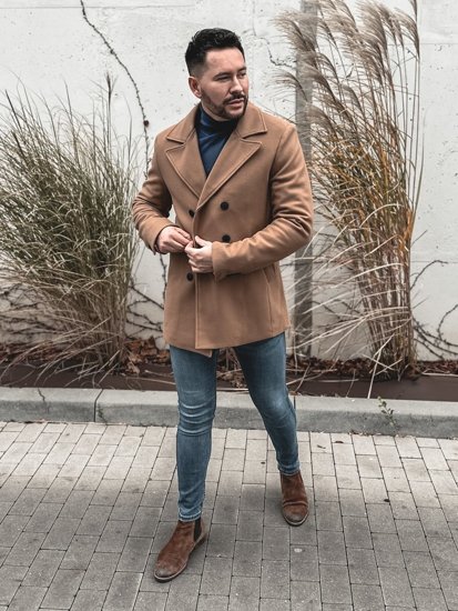 Manteau à double boutonnage d'hiver pour homme camel à col montant Bolf 8801