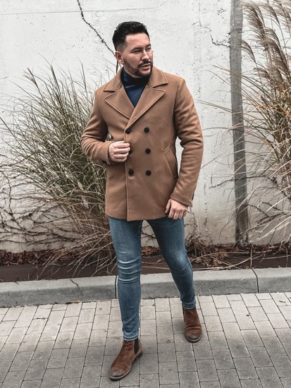 Manteau à double boutonnage d'hiver pour homme camel à col montant Bolf 8801