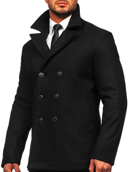 Manteau à double boutonnage d'hiver pour homme noir à col montant Bolf 8801