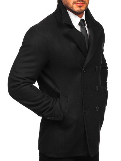 Manteau à double boutonnage d'hiver pour homme noir à col montant Bolf 8801