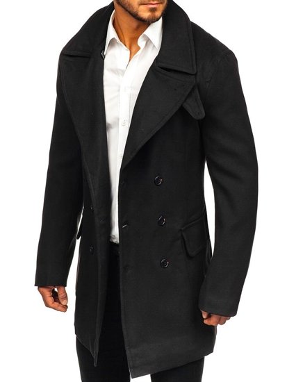 Manteau à double rangée d'hiver pour homme noir avec un col haut Bolf 1048