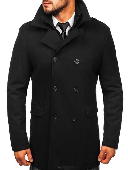 Manteau d'hiver à double boutonnage pour homme noir vec col montant supplémentaire amovible Bolf 8805