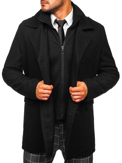 Manteau d'hiver à double boutonnage pour homme noir vec col montant supplémentaire amovible Bolf 8805