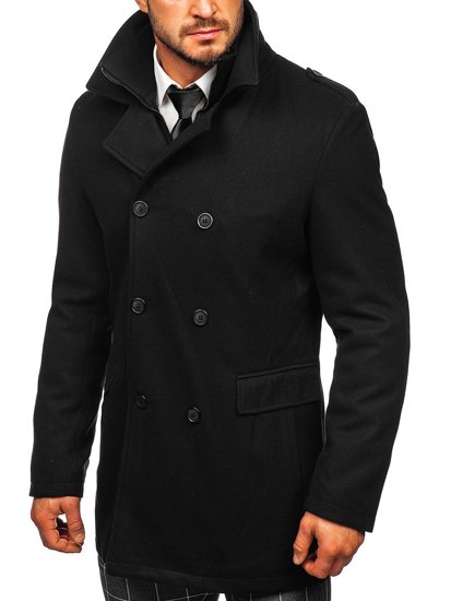 Manteau d'hiver à double boutonnage pour homme noir vec col montant supplémentaire amovible Bolf 8805