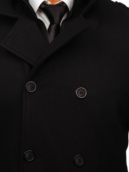 Manteau d'hiver à double boutonnage pour homme noir vec col montant supplémentaire amovible Bolf 8805