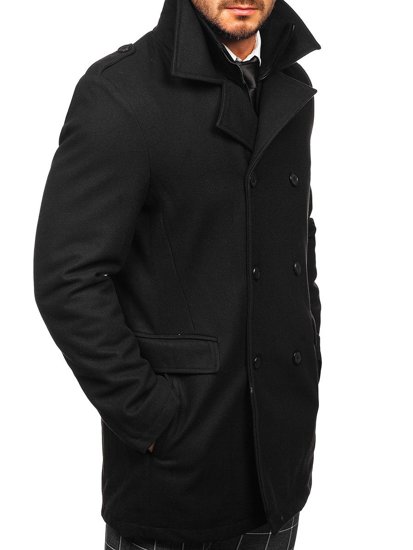 Manteau d'hiver à double boutonnage pour homme noir vec col montant supplémentaire amovible Bolf 8805