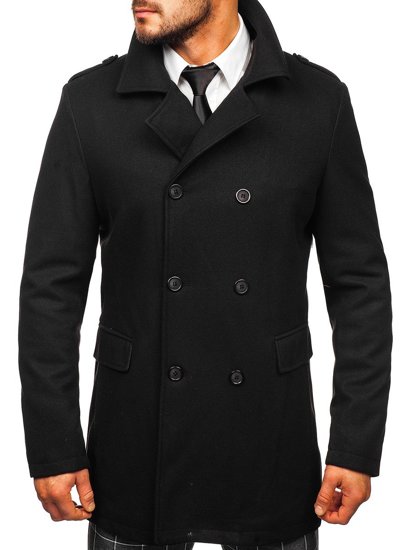 Manteau d'hiver à double boutonnage pour homme noir vec col montant supplémentaire amovible Bolf 8805