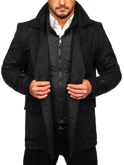 Manteau d'hiver à double rangée avec un col montant supplémentaire amovible pour homme noir Bolf M3143