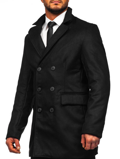 Manteau d'hiver long à double rangée pour homme noir Bolf 79B3-073