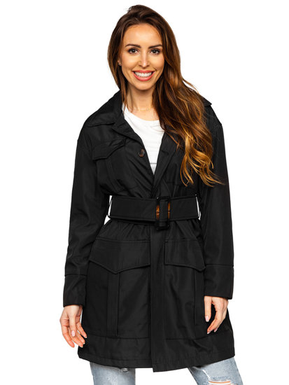 Manteau long trench-coat avec ceinture pour femme noir Bolf AG5012