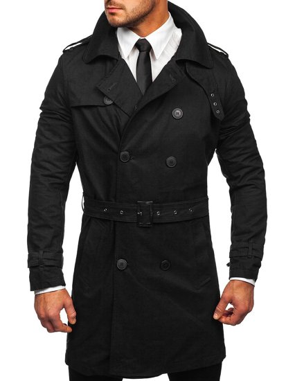 Manteau trench-coat à double boutonnage pour homme noir avec un col haut et une ceinture Bolf 5569