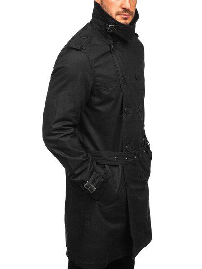 Manteau trench-coat à double boutonnage pour homme noir avec un col haut et une ceinture Bolf 5569