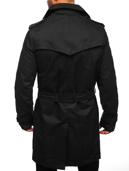 Manteau trench-coat à double boutonnage pour homme noir avec un col haut et une ceinture Bolf 5569