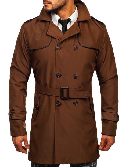 Manteau trench-coat à double rangée avec col haut et ceinture pour homme marron Bolf 0001