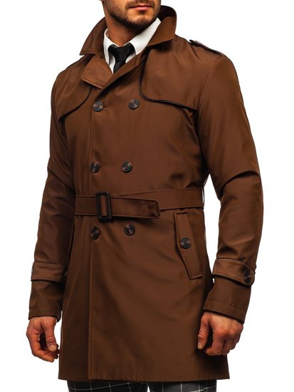 Manteau trench-coat à double rangée avec col haut et ceinture pour homme marron Bolf 0001