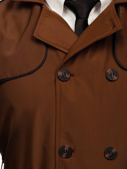 Manteau trench-coat à double rangée avec col haut et ceinture pour homme marron Bolf 0001