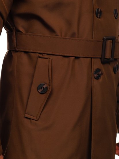 Manteau trench-coat à double rangée avec col haut et ceinture pour homme marron Bolf 0001