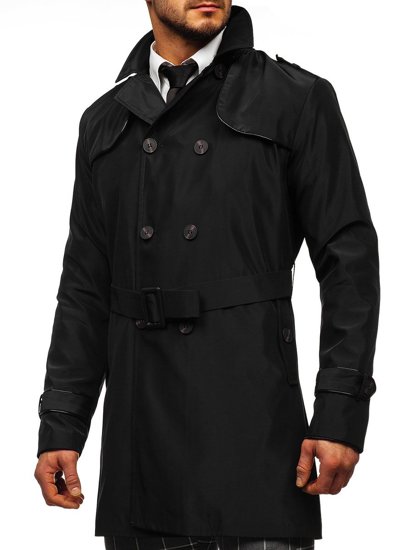 Manteau trench-coat à double rangée avec col haut et ceinture pour homme noir Bolf 0001