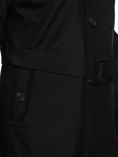 Manteau trench-coat à double rangée avec col haut et ceinture pour homme noir Bolf 0001