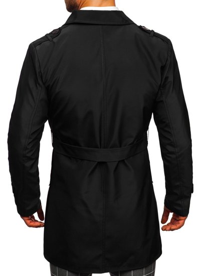 Manteau trench-coat à double rangée avec col haut et ceinture pour homme noir Bolf 0001