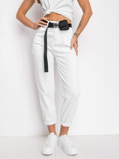 Pantalon en jean taille haute avec ceinture avec sachet pour femme blanc Bolf LA688