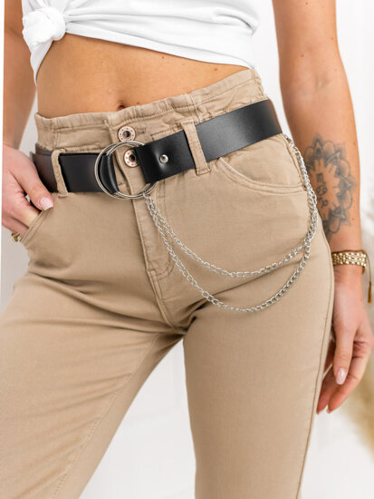 Pantalon en jean taille haute avec ceinture pour femme beige Bolf LA689