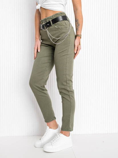 Pantalon en jean taille haute avec ceinture pour femme kaki Bolf LA689