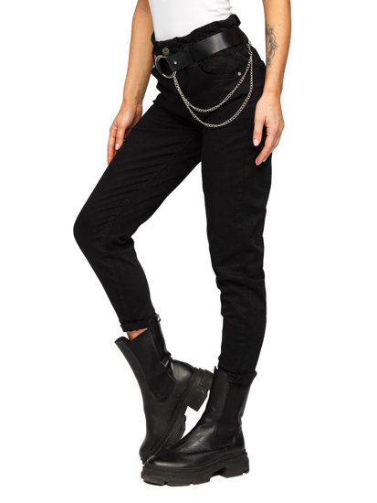 Pantalon en jean taille haute avec ceinture pour femme noir Bolf LA689