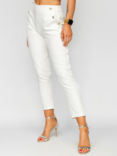 Pantalon en tissu avec boutons décoratifs pour femme blanc Bolf 8155