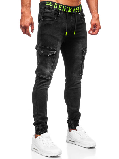 Pantalon jogger cargo en jean pour homme noir Bolf KA9582