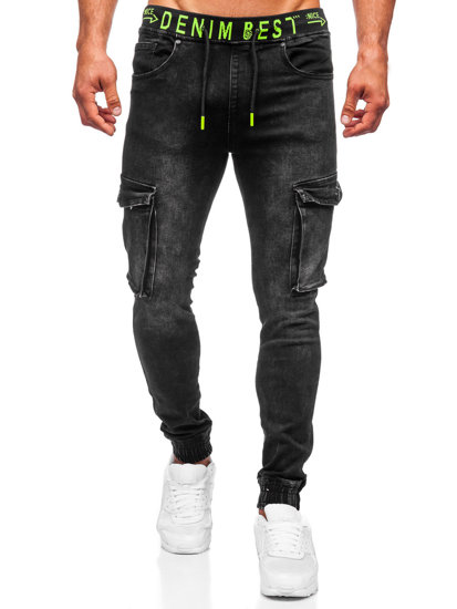 Pantalon jogger cargo en jean pour homme noir Bolf KA9582