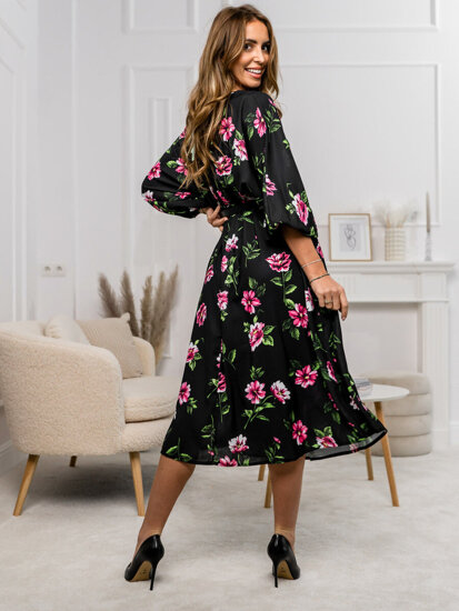 Robe longue à fleurs pour femme noire-rose Bolf XY202116