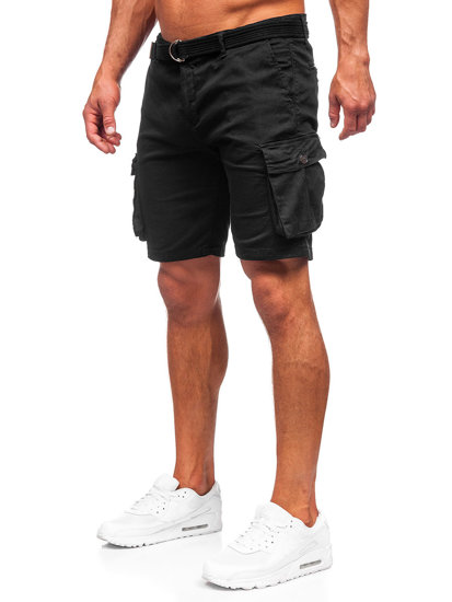 Short cargo en tissu avec ceinture pour homme noir Bolf 010