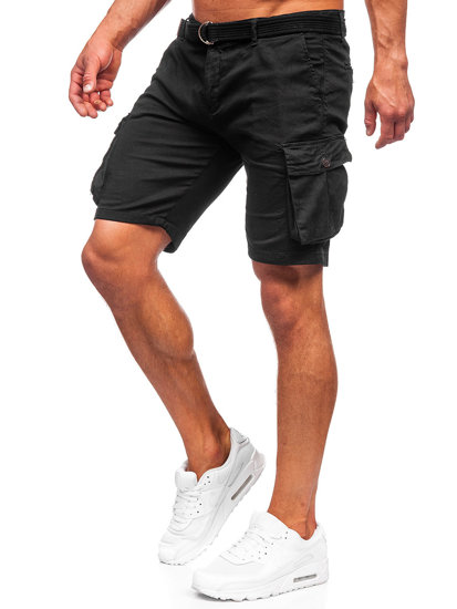 Short cargo en tissu avec ceinture pour homme noir Bolf 010