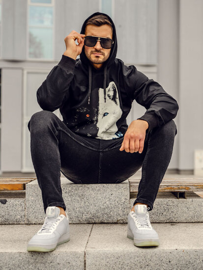 Sweat-shirt avec imprimé pour homme noir à capuche Bolf 6144  