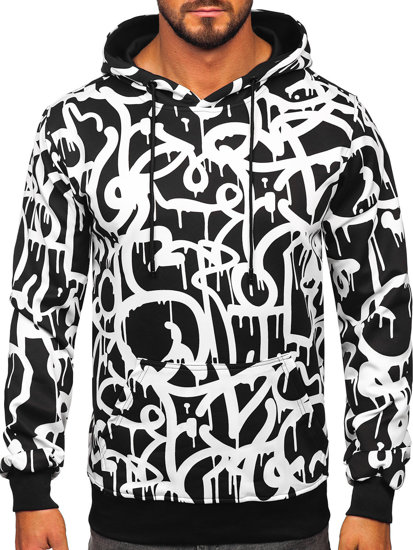 Sweat-shirt kangourou imprimé à capuche pour homme noir-blanc Bolf 8B1152