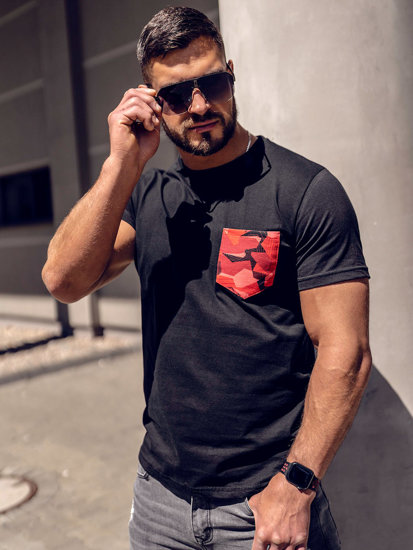 Tee-shirt en coton avec petite poche imprimé camo pour homme noir-rouge Bolf 14507A