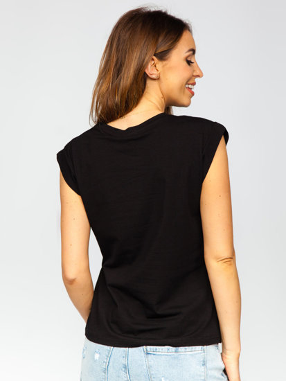 Tee-shirt imprimé avec zircons uni pour femme noir Bolf DT103