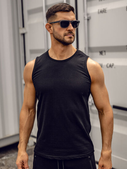 Tee-shirt tank top pour homme sans imprimé noir Bolf 1205