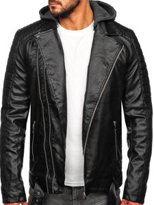 Blouson de motard biker en cuir à capuche pour homme noir Bolf 11Z8005