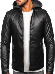 Blouson en cuir biker à capuche pour homme noir Bolf 11Z8012-A