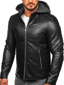 Blouson en cuir biker à capuche pour homme noir Bolf 11Z8012-A