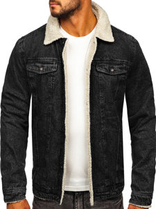 Blouson en jean isolé trucker avec col en mouton noir pour homme Bolf 1159