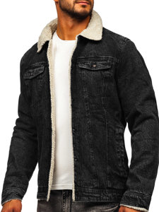 Blouson en jean isolé trucker avec col en mouton noir pour homme Bolf 1159