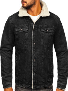 Blouson en jean isolé trucker avec col en mouton noir pour homme Bolf 1159