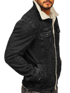 Blouson en jean isolé trucker avec col en mouton noir pour homme Bolf 1159