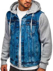 Blouson en jean pour homme bleu foncé à capuche Bolf 211902