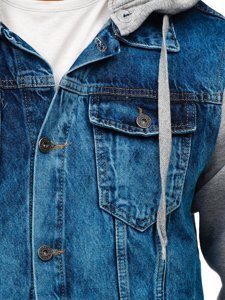 Blouson en jean pour homme bleu foncé à capuche Bolf 211902