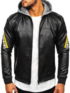 Blouson pour homme en cuir à capuche noir-jaune Bolf HY614